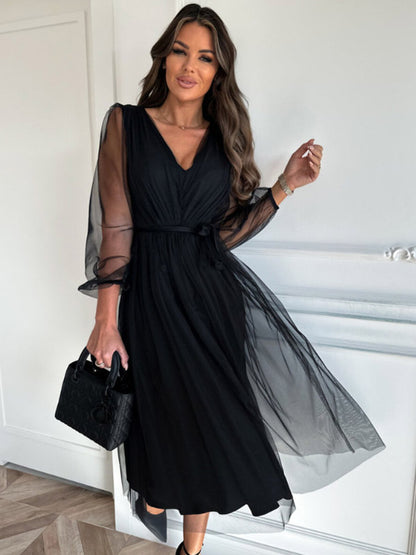 Black Midi Dress V-Neck Belted Backless Daily Casual Dresses
