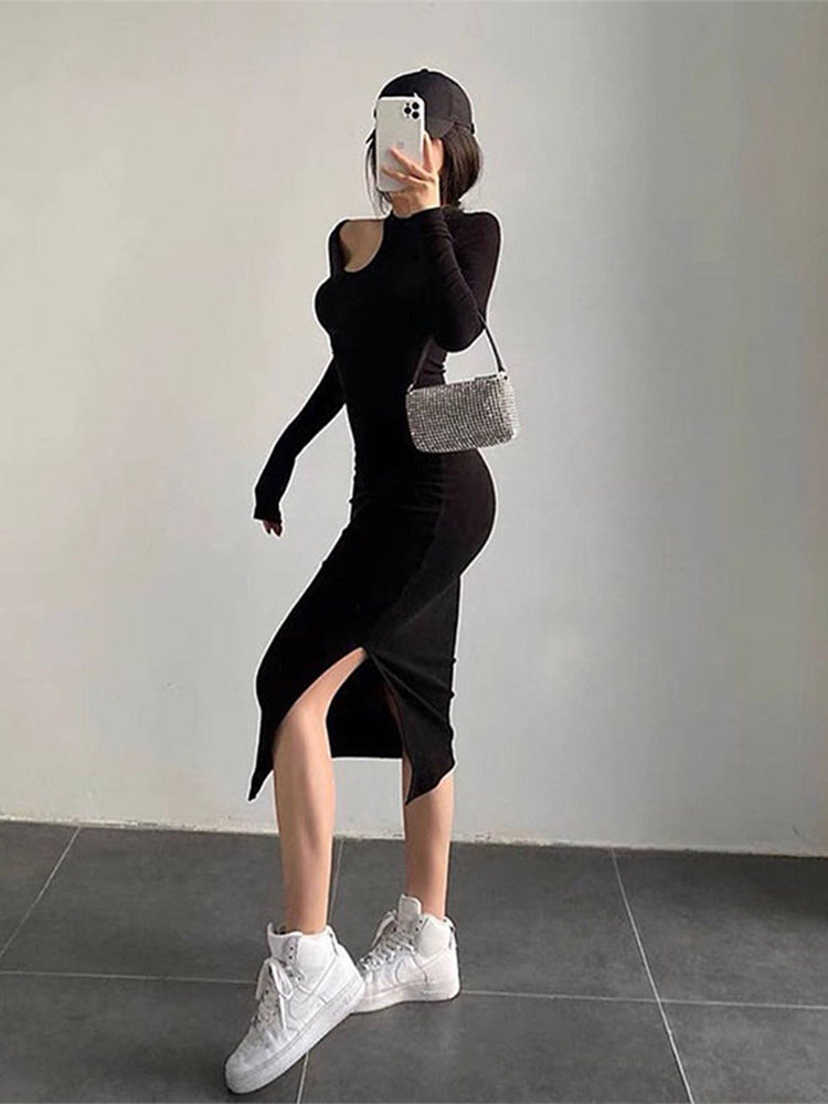 Sexy Cut Out Midi Dress for Women Elegant Fashion O-neck Long Sleeve Bodycon Party Dresses Autumn Winter Solid Casual Dress 2024