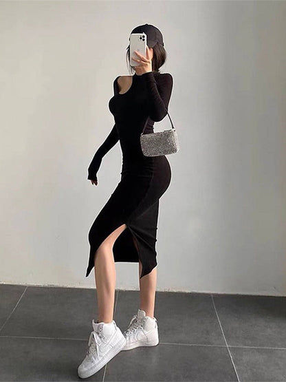 Sexy Cut Out Midi Dress for Women Elegant Fashion O-neck Long Sleeve Bodycon Party Dresses Autumn Winter Solid Casual Dress 2024