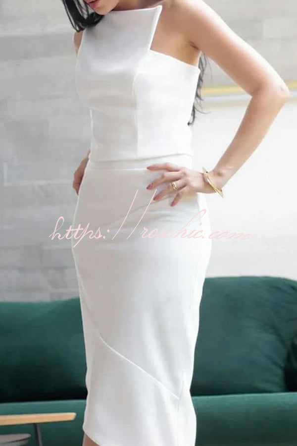 Solid Color Slim Fit One Shoulder Paneled Midi Dress
