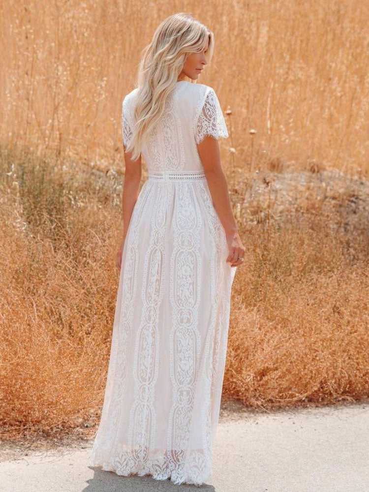 V-Neck Maxi Dress Half Sleeves Lace Bohemian Floor Length Dress