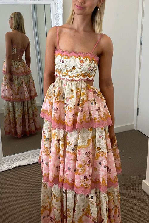 Spaghetti Strap Back Lace-up Ruffle Layered Floral Print Maxi Dress