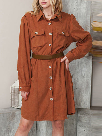 Long Sleeves Loose Pleated Split-Joint Lapel Mini Dresses Shirt Dress