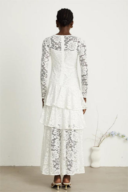 Lace Ruffle Round Neck Midi Dress