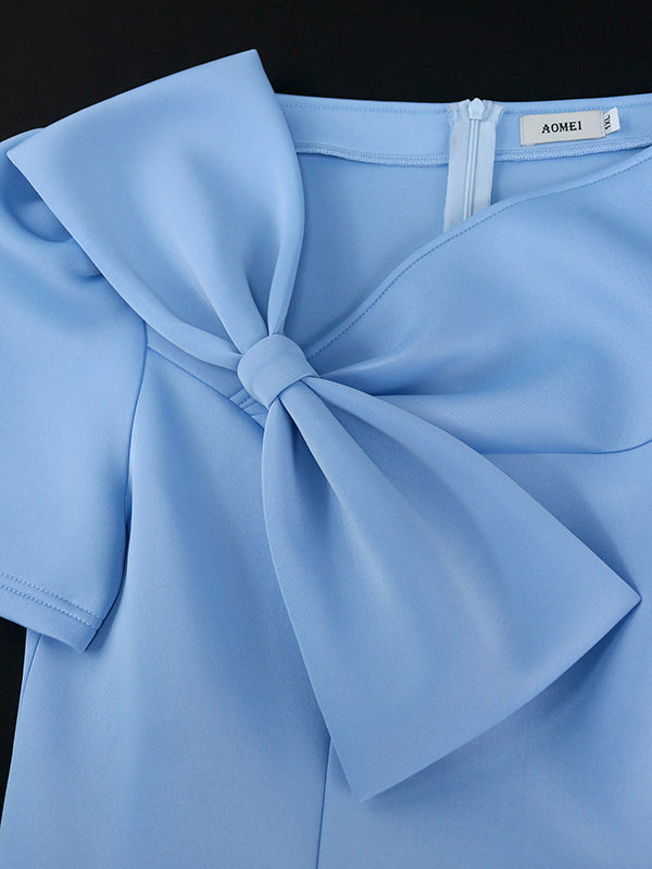 Solid Color Bowknot High-Waisted Tied Waist A-Line Midi Dresses