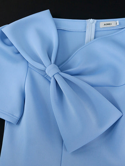Solid Color Bowknot High-Waisted Tied Waist A-Line Midi Dresses