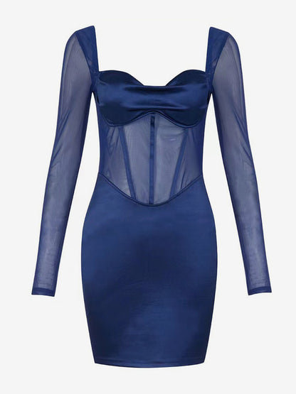 Blue Bodycon Dresses Backless Illusion Sleeves Sexy Mini Dresses