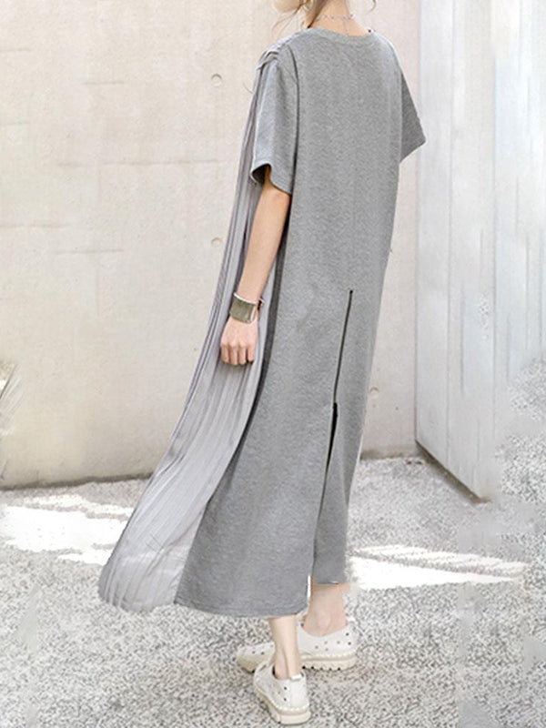 Loose Short Sleeves Pleated Solid Color Split-Joint Round-Neck Midi Dresses