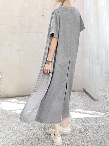 Loose Short Sleeves Pleated Solid Color Split-Joint Round-Neck Midi Dresses