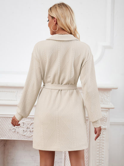 Belted Mini Dresses V-Neck Long Sleeves Solid Color Fall Spring Dress