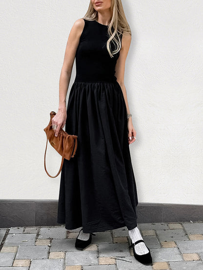 A-Line Sleeveless Solid Color Split-Joint Round-Neck Maxi Dresses