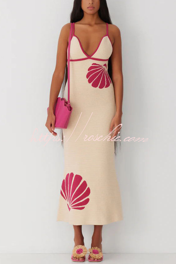 Mermaid Princess Knit Shell Pattern Fishtail Hem Halter Stretch Midi Dress