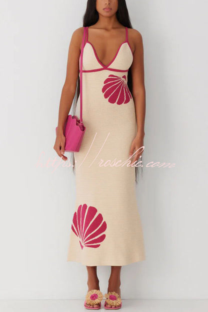 Mermaid Princess Knit Shell Pattern Fishtail Hem Halter Stretch Midi Dress
