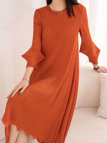 Irregular Clipping Loose Pleated Solid Color Round-Neck Midi Dresses