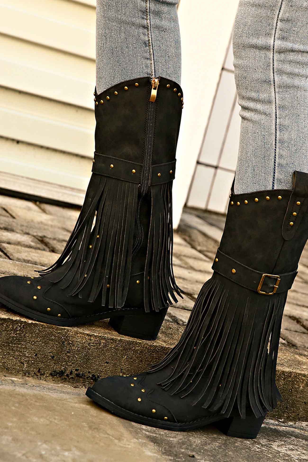 Pointed Toe Studded Fringed Mid-Calf Boots