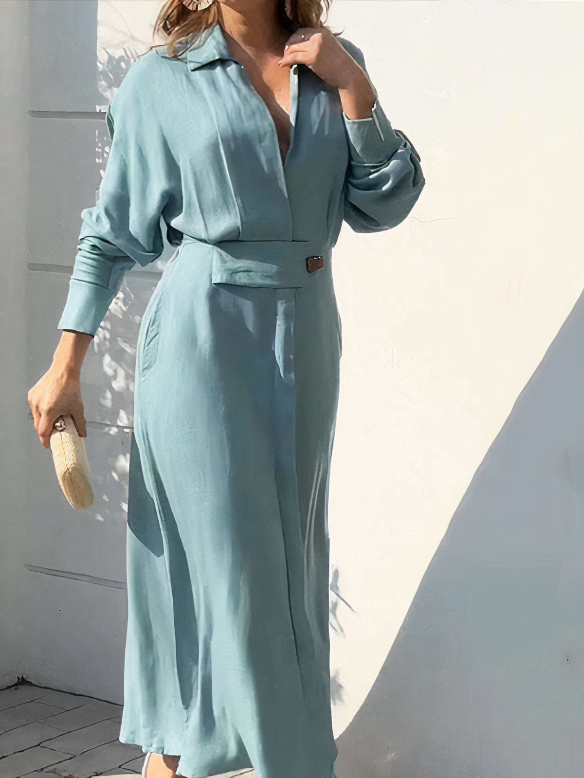 Collared Deep V-Neck Long Sleeve Wide Cuff Waist Tab Maxi Shirt Dress