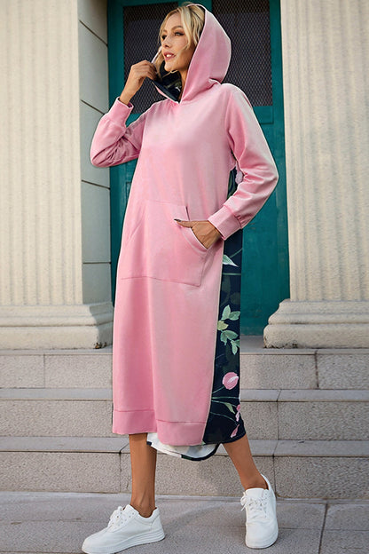 Back Floral Print Patchwork Cotton Long Hoodie