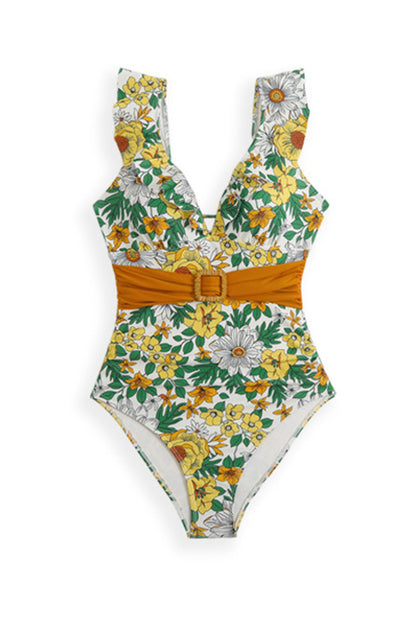 Back-Tie Ruffled Belted One-Piece Swimsuit