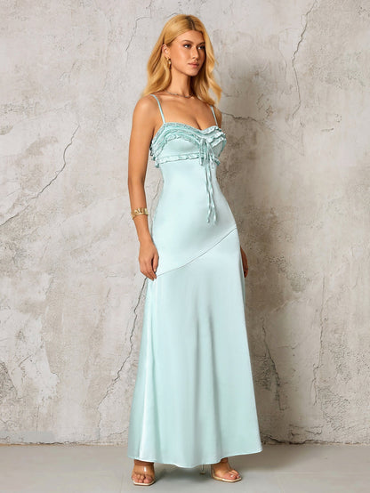 Backless Ruffle Trim Tie Front Satin Dress