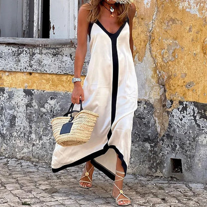Contrast Trim Spaghetti Strap Deep V-Neck Slip Maxi Dress