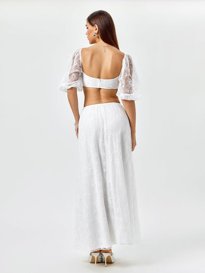 Backless Zipper Lace Crop Top&Lace A-Line Skirt
