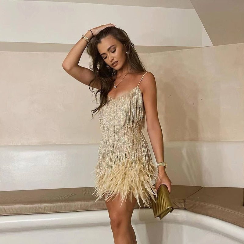 Deep V Neck Spaghetti Strap Fringe Tier Feather Hem Mini Dress