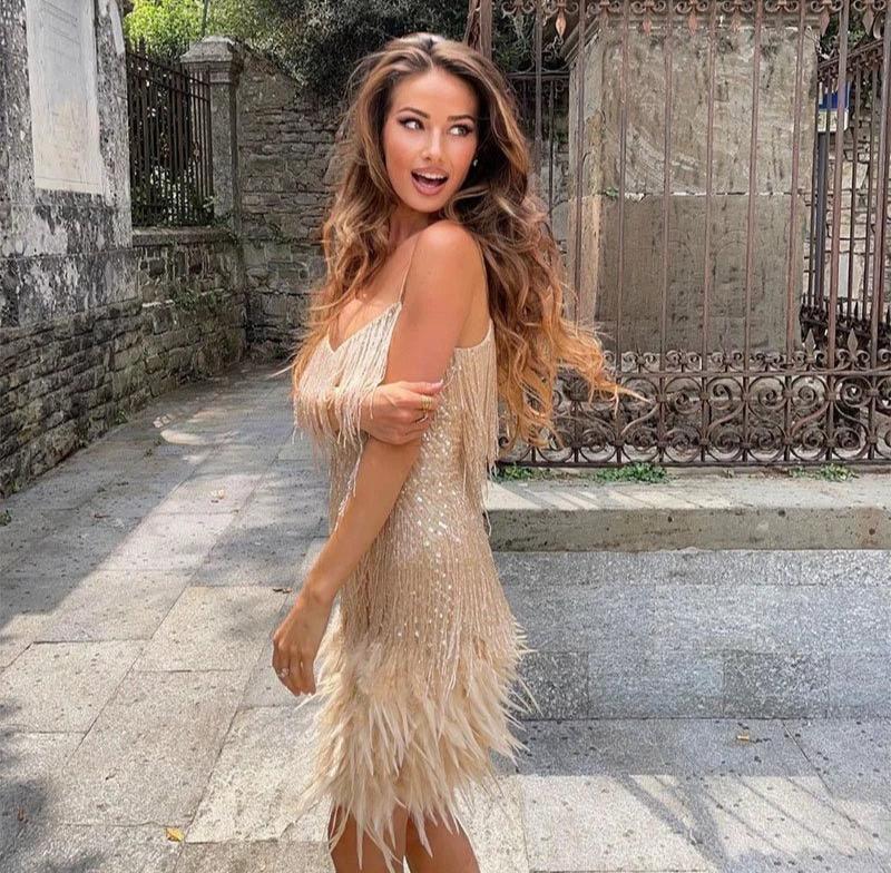 Deep V Neck Spaghetti Strap Fringe Tier Feather Hem Mini Dress