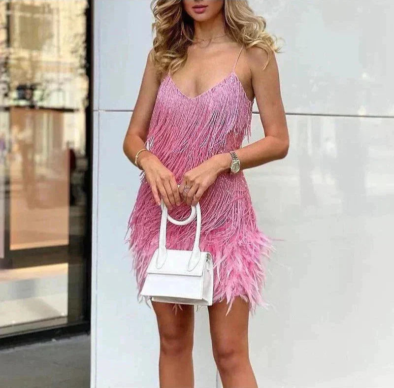 Deep V Neck Spaghetti Strap Fringe Tier Feather Hem Mini Dress