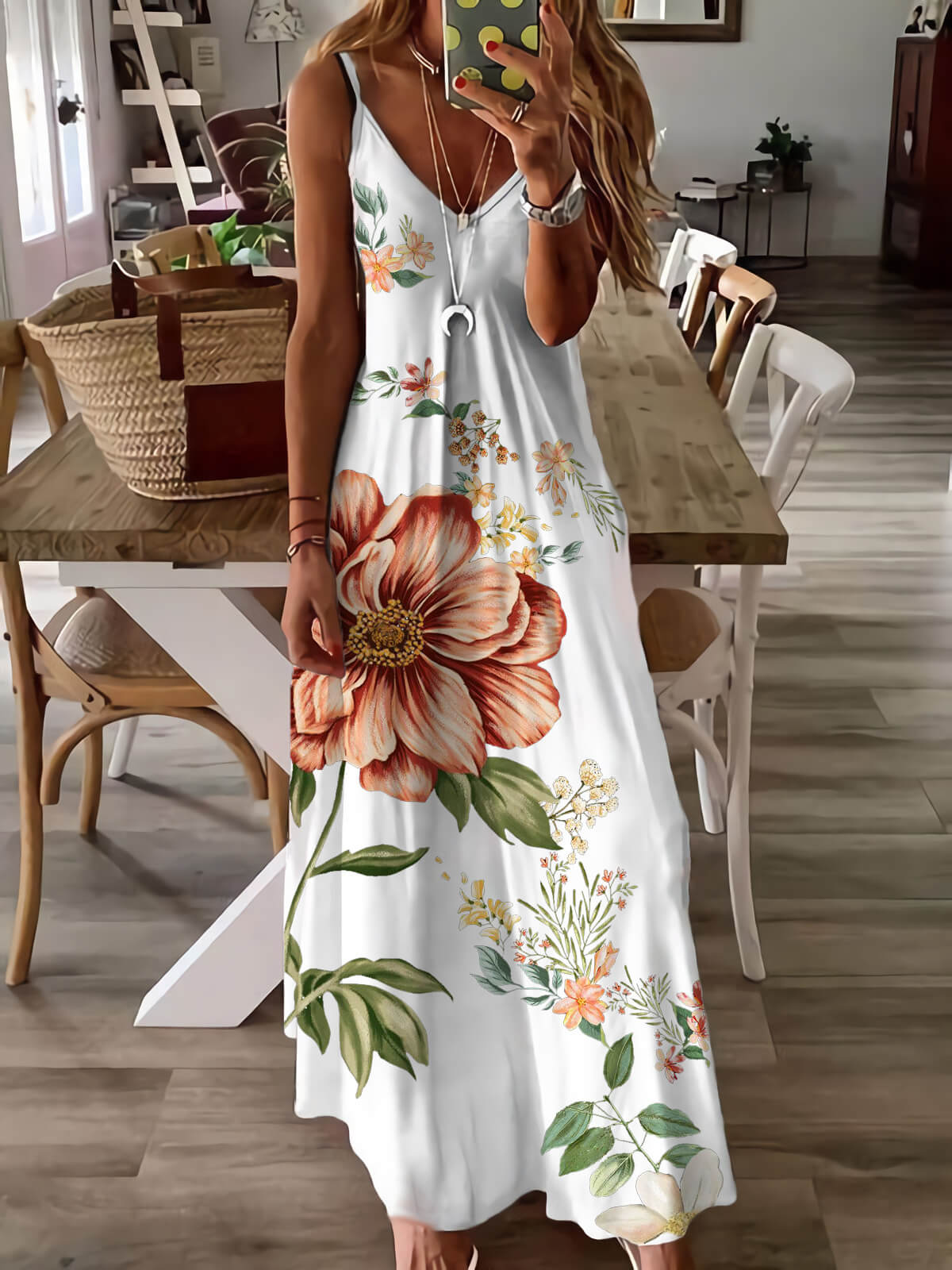 Deep V Neck Spaghetti Strap Oversized Botanical Floral Print Maxi Dress