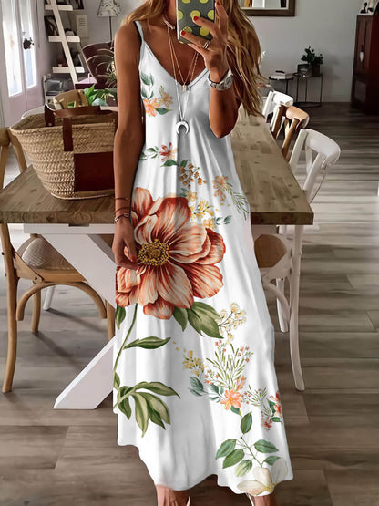 Deep V Neck Spaghetti Strap Oversized Botanical Floral Print Maxi Dress