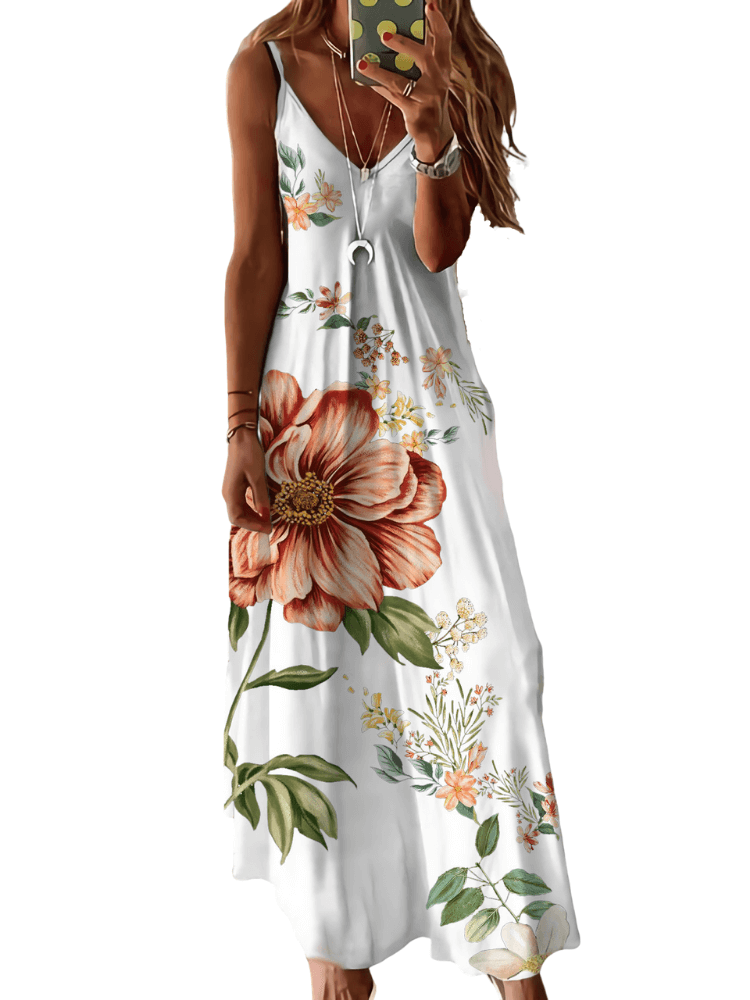 Deep V Neck Spaghetti Strap Oversized Botanical Floral Print Maxi Dress