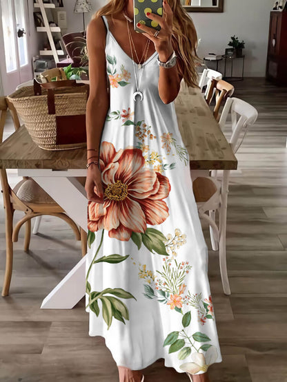 Deep V Neck Spaghetti Strap Oversized Botanical Floral Print Maxi Dress