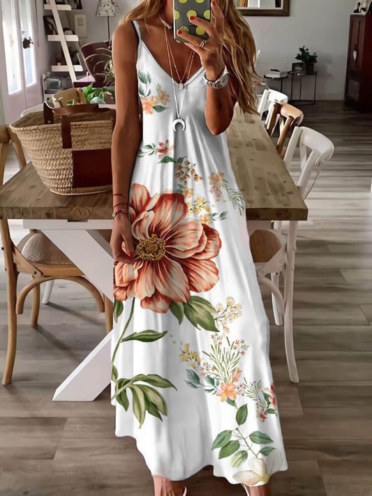 Deep V Neck Spaghetti Strap Oversized Botanical Floral Print Maxi Dress