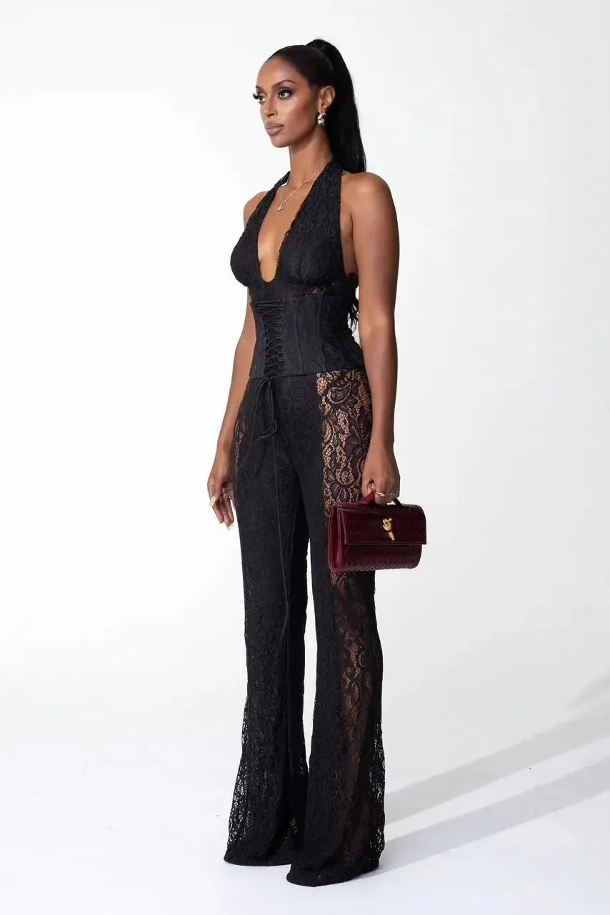 | Halter Neckline Lace Jumpsuit
