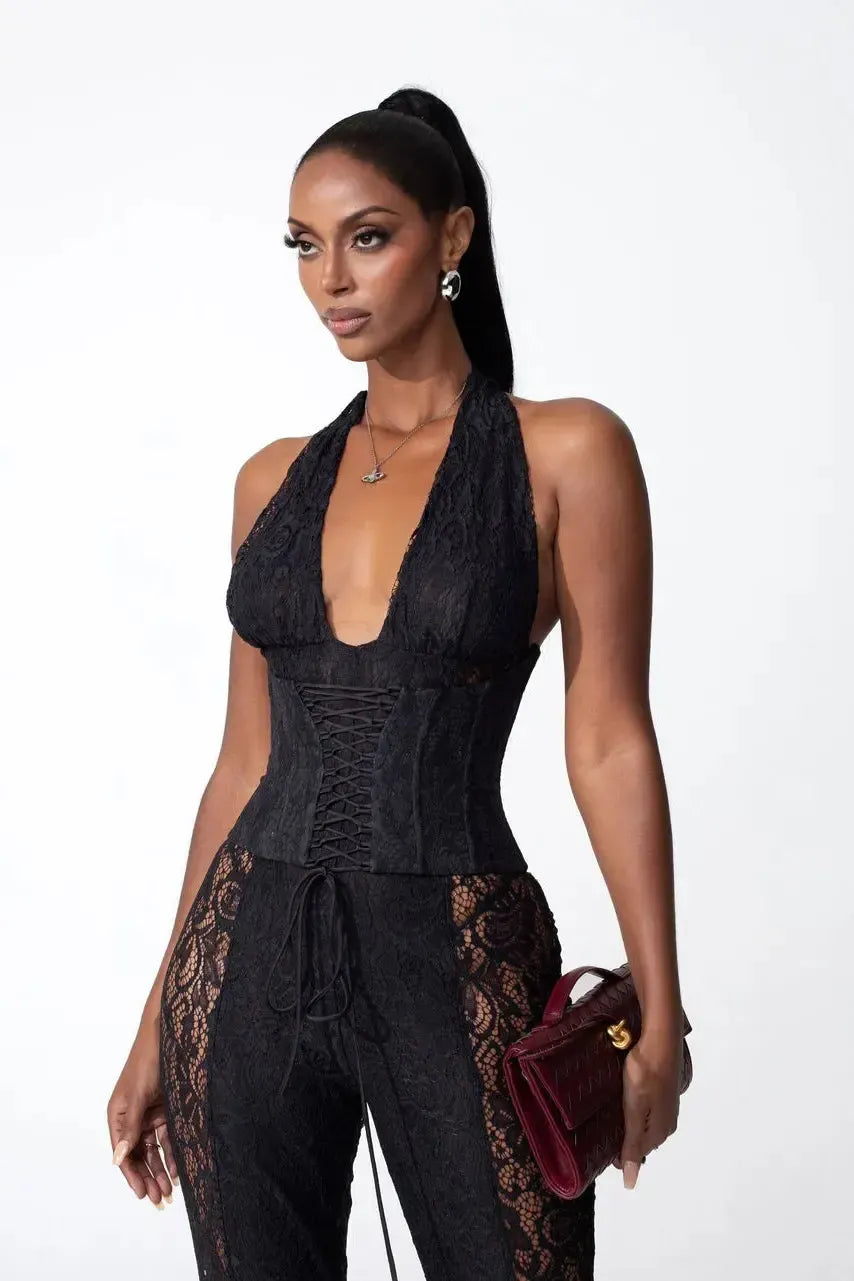 | Halter Neckline Lace Jumpsuit