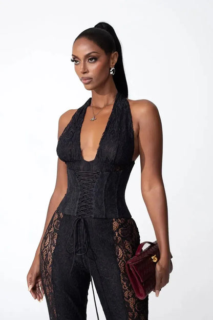 | Halter Neckline Lace Jumpsuit