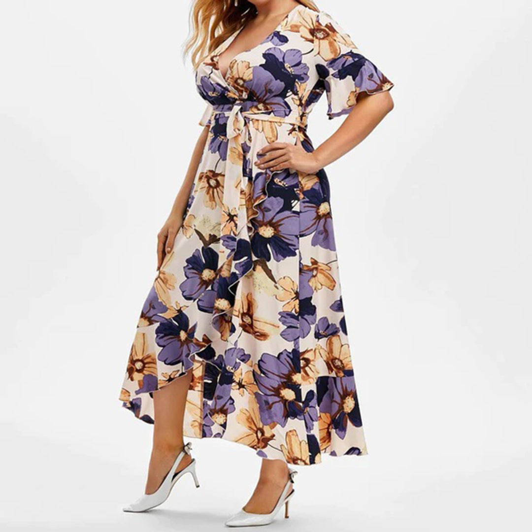 Plus Size Floral Print Wrap Flutter Sleeve Ruffled High-Low Maxi Dress