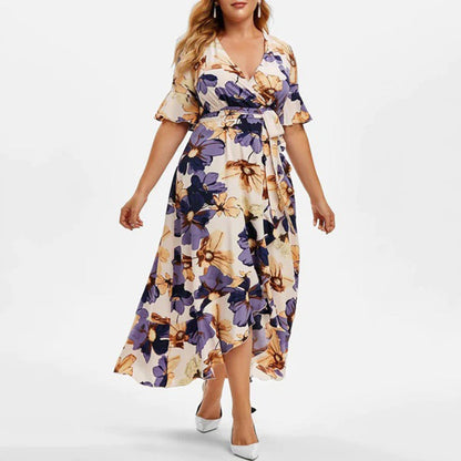 Plus Size Floral Print Wrap Flutter Sleeve Ruffled High-Low Maxi Dress