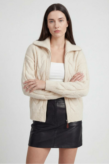 Maison Extra-Heavy Cable Knit Zip Cardigan | Turn-Down Collar | Relaxed Fit