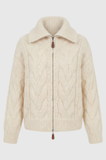 Maison Extra-Heavy Cable Knit Zip Cardigan | Turn-Down Collar | Relaxed Fit
