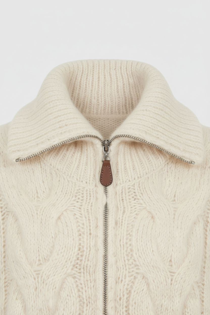 Maison Extra-Heavy Cable Knit Zip Cardigan | Turn-Down Collar | Relaxed Fit