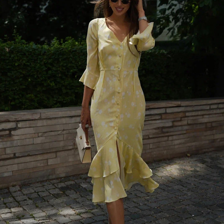 French v-neck floral midi dress for women
