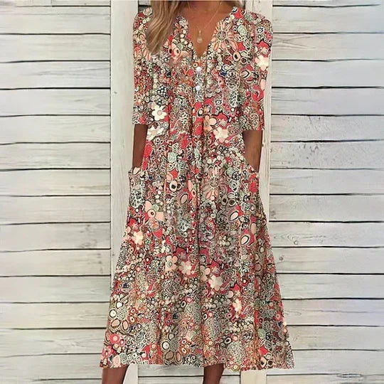 Boho Floral Paisley Print Henley Button Half Sleeve Pocket Midi Dress