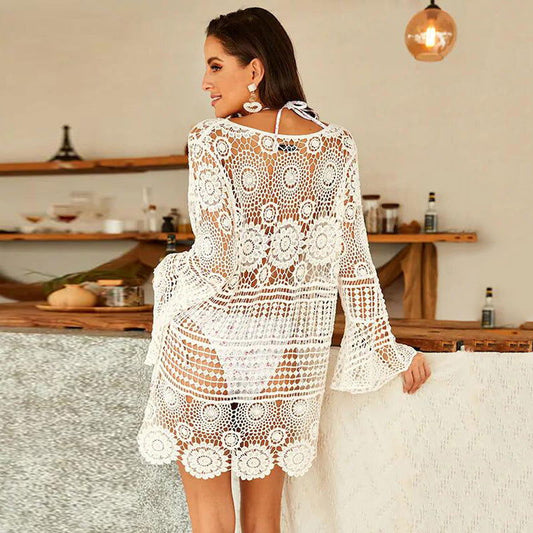 Bell Sleeve Water Soluble Hollow Out Cutout Loose Beach Cover Up Sun Proof Vacation Beach Swimsuit Outer Wear