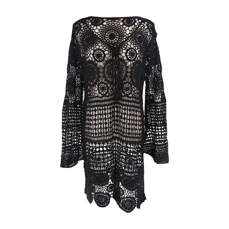 Bell Sleeve Water Soluble Hollow Out Cutout Loose Beach Cover Up Sun Proof Vacation Beach Swimsuit Outer Wear