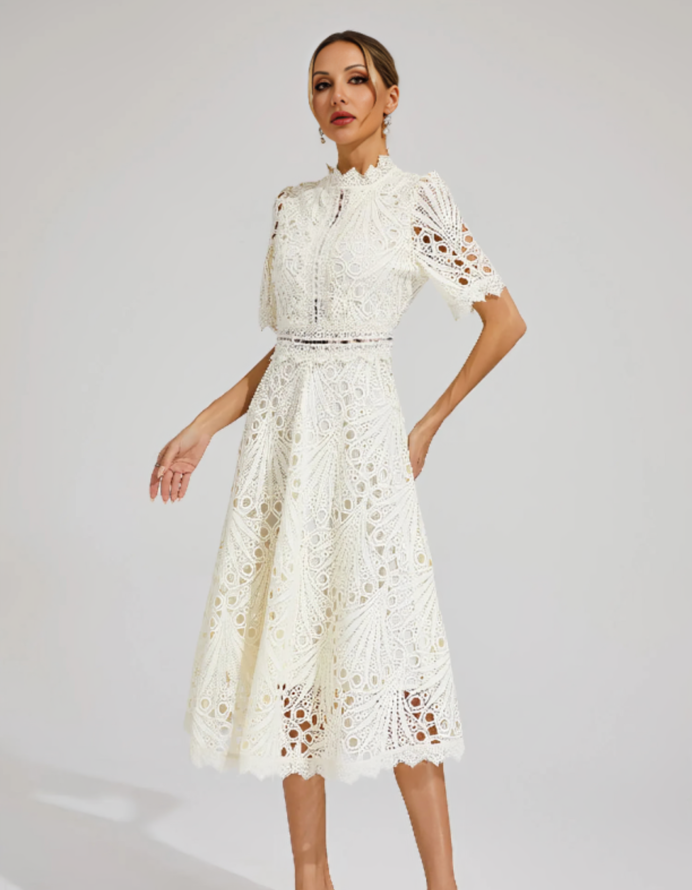 | Intricate lacework midi occasion dress