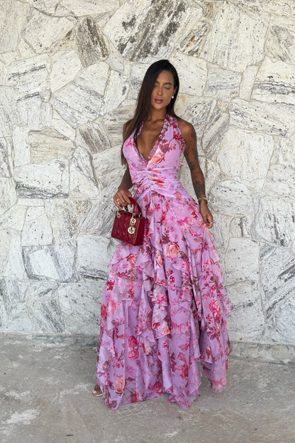 | Floral Halter Neck Maxi Dress