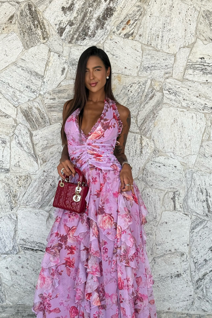 | Floral Halter Neck Maxi Dress