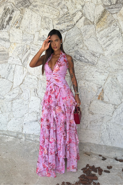 | Floral Halter Neck Maxi Dress
