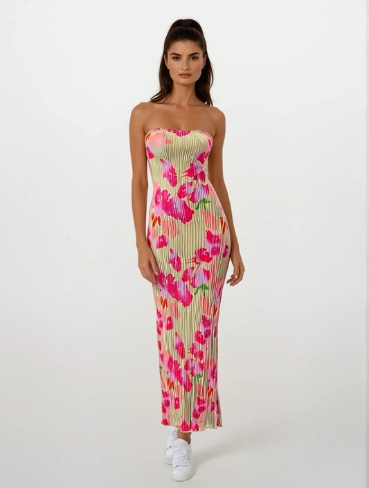 | Strapless midi dress in neon bloom pleats